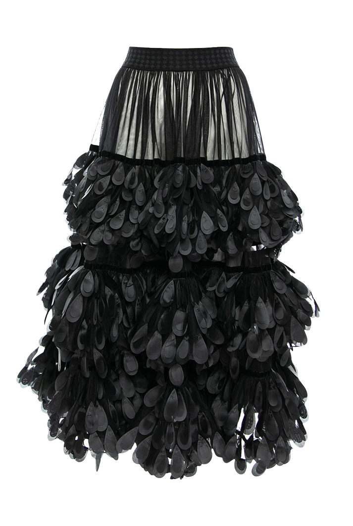 Black Ruffle Skirt with 3D Appliqué | Luxury Statement Fashion | BEUNICA