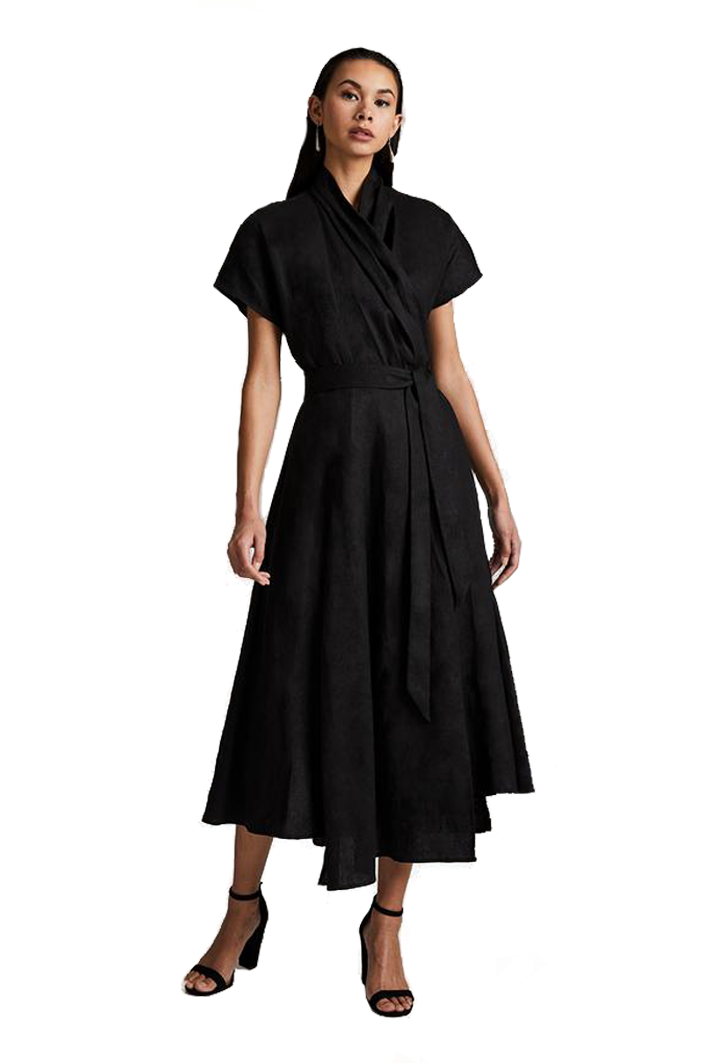 Butterfly Linen Wrap Dress | Black