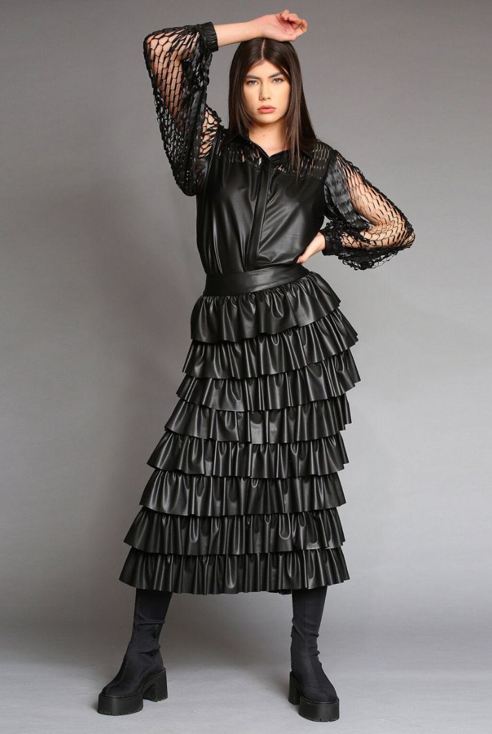 Eco Leather Ruffled Laser-Cut Midi Skirt | Black
