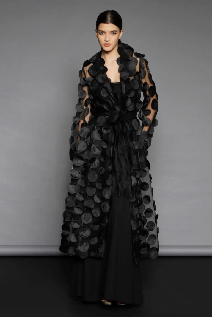 Black Tulle Trench Coat with 3D Embellishments