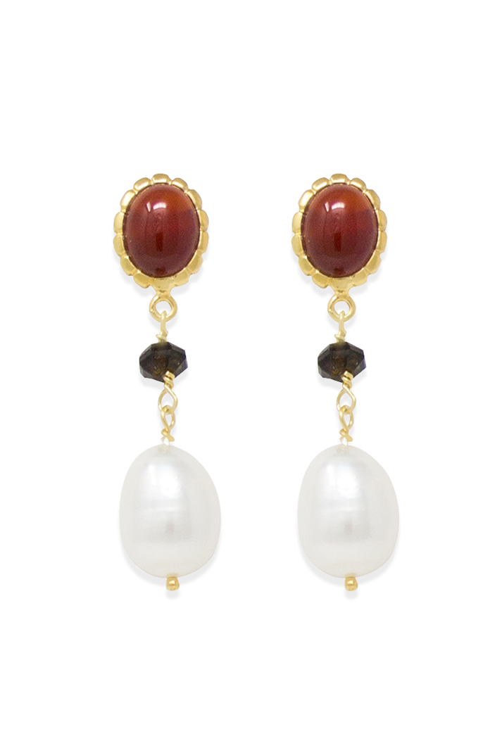 Carnelian, Onyx & Pearl Drop Earrings