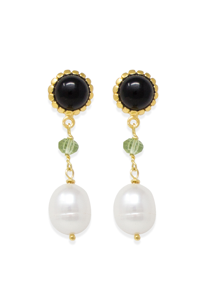 Onyx, Peridot & Pearl Drop Earrings