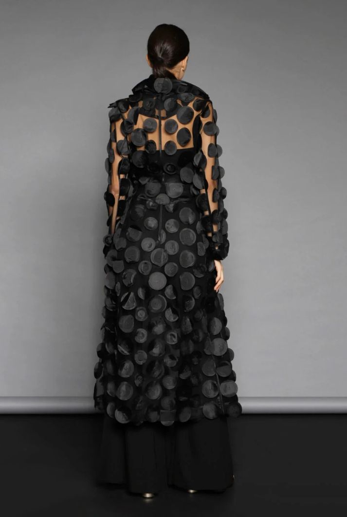 Black Tulle Trench Coat with 3D Embellishments