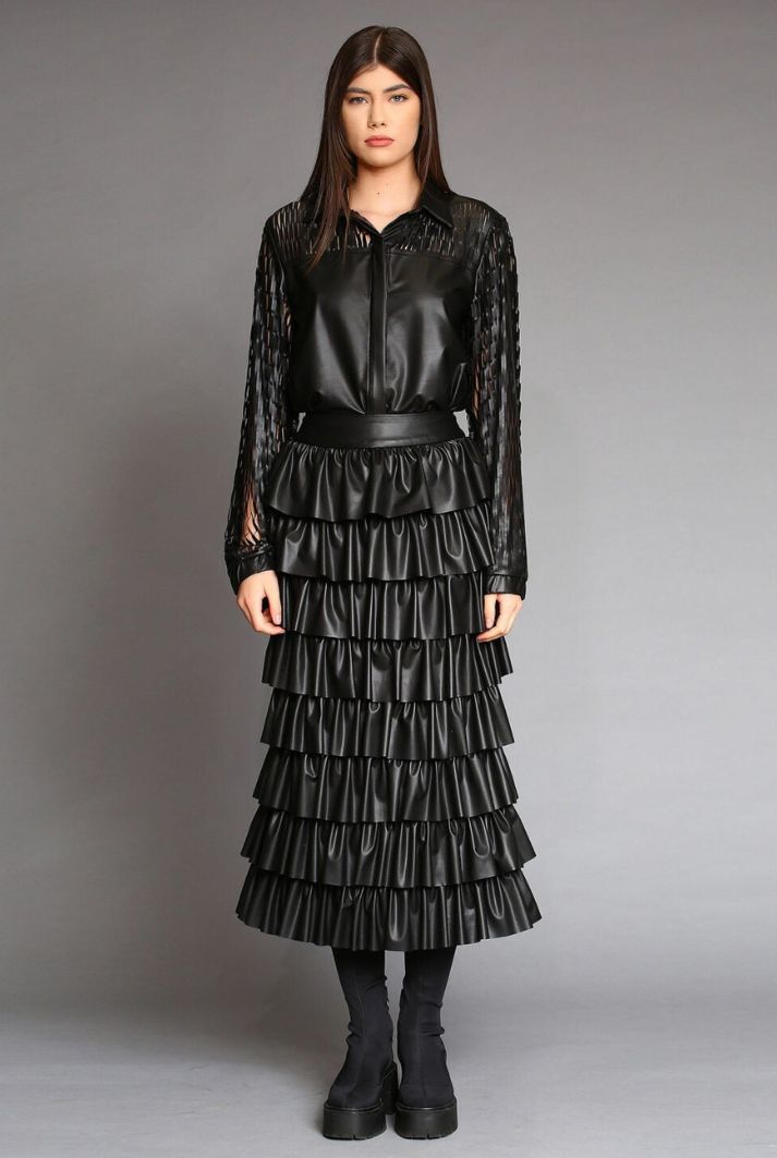 Eco Leather Ruffled Laser-Cut Midi Skirt | Black