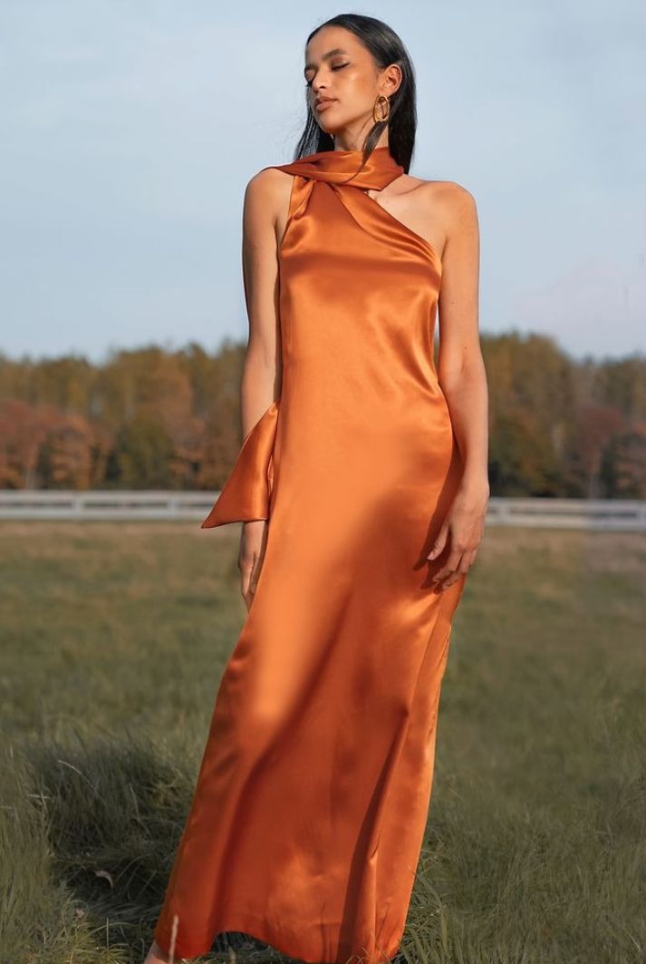 Burnt Orange Silk One Shoulder Dress