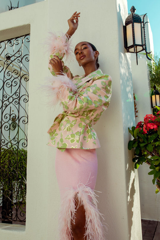 Pink Jacquard Jacket With Detachable Feather Cuffs