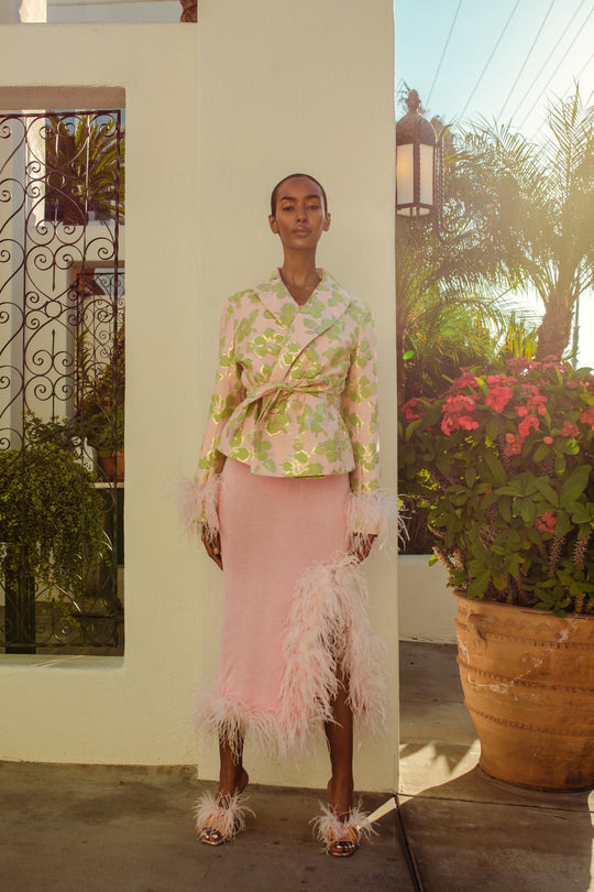 Pink Jacquard Jacket With Detachable Feather Cuffs