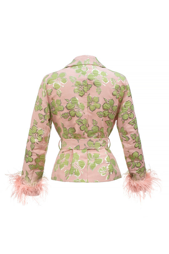 Pink Jacquard Jacket With Detachable Feather Cuffs