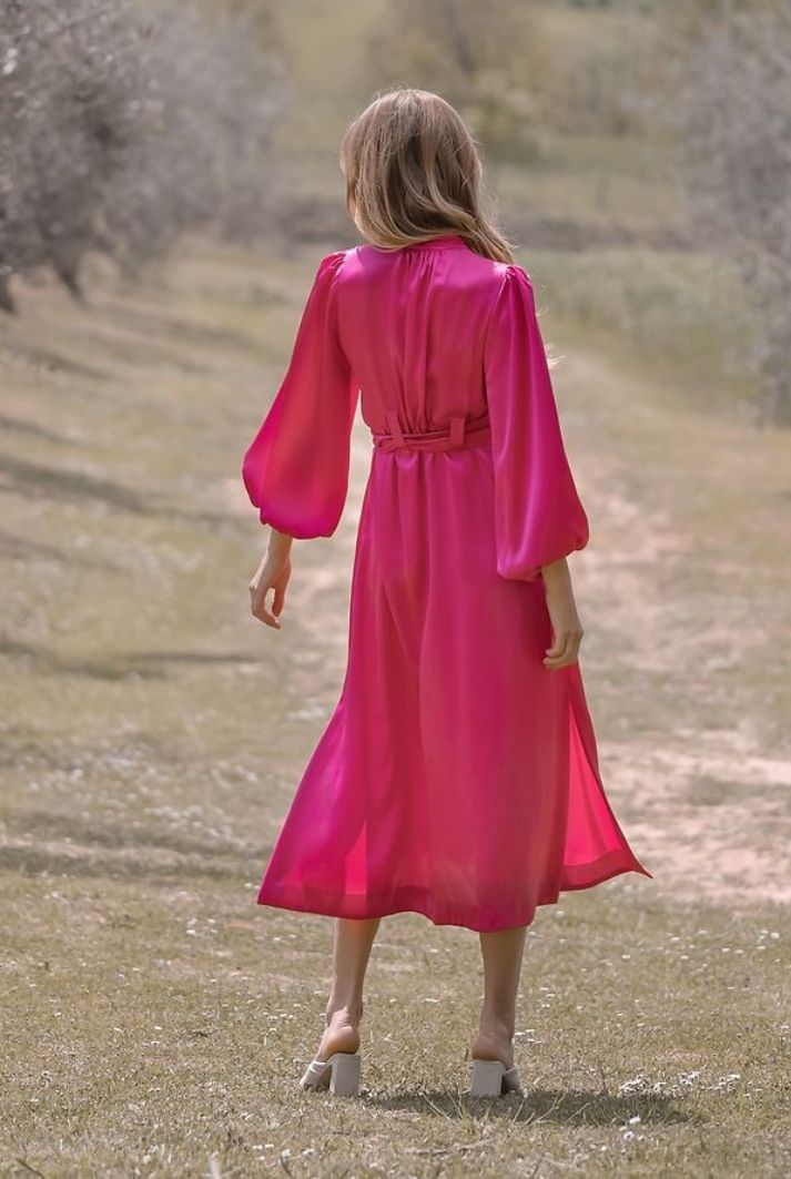 Silk Wrap Dress in Fuchsia Pink