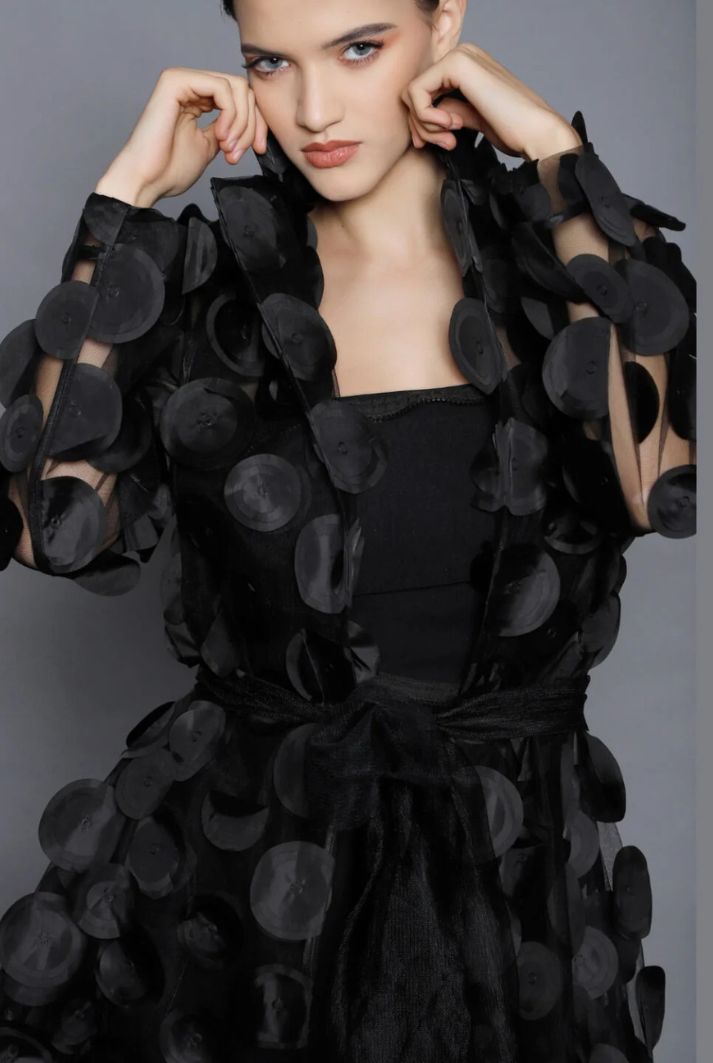 Black Tulle Trench Coat with 3D Embellishments