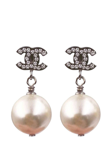 Chanel Silver Crystal CC Faux Pearl Drop Earrings