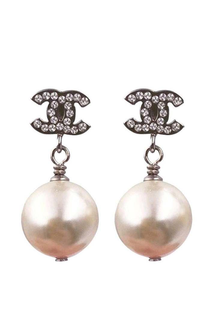 Chanel Silver Crystal CC Faux Pearl Drop Earrings