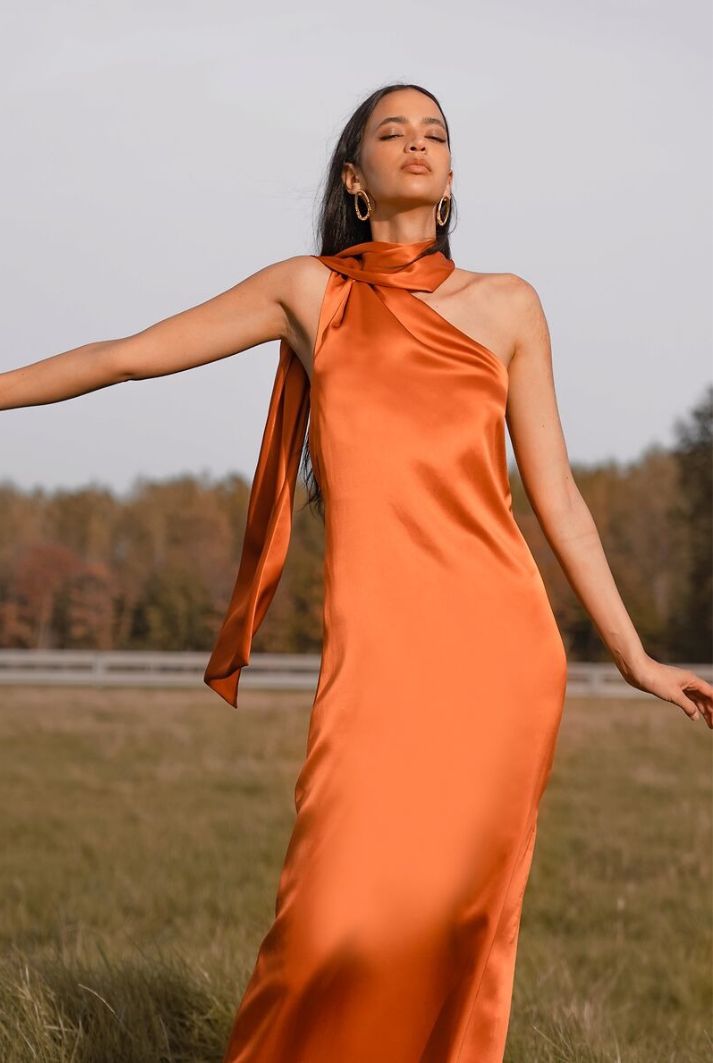 Burnt Orange Silk One Shoulder Dress