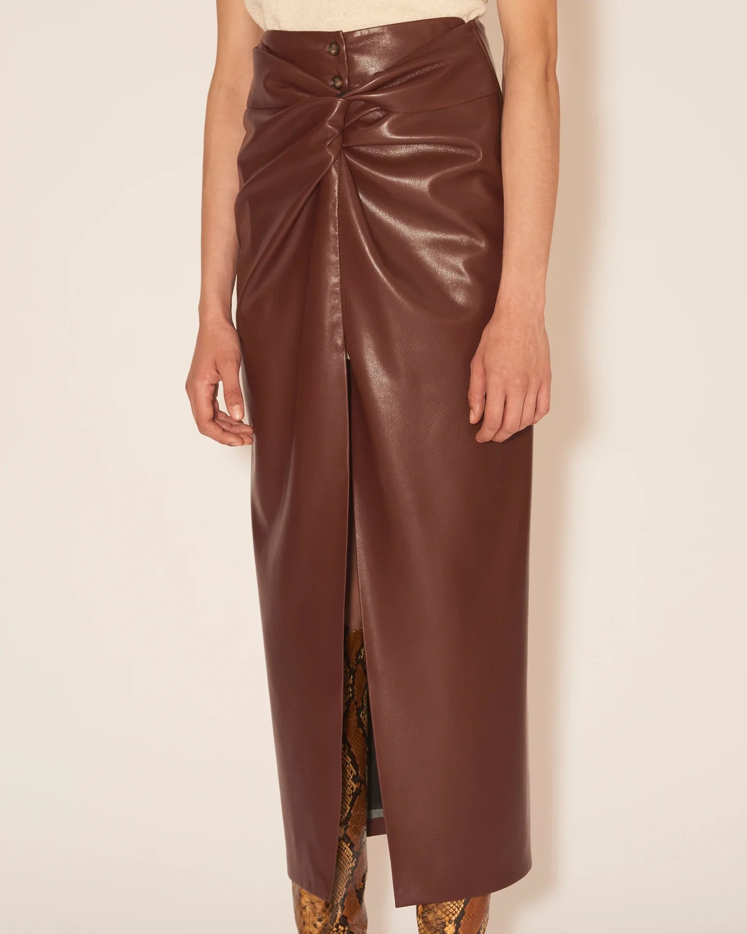 Leane Knotted OKOBOR? Alt-leather Front Sarong Style Skirt