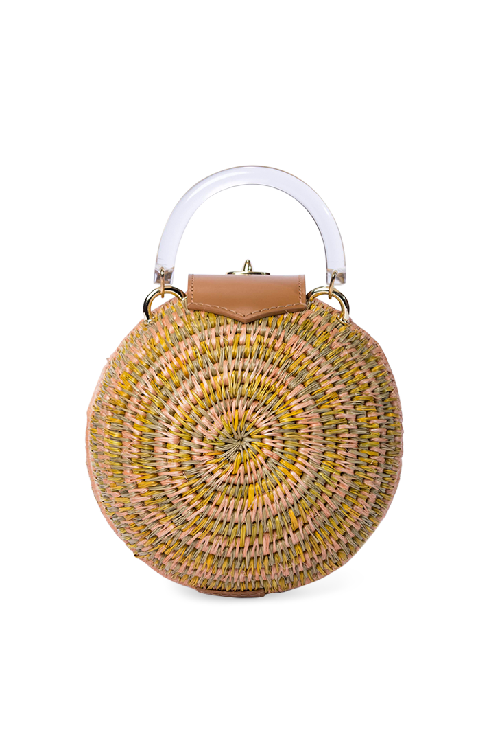 Woven Grass & Leather Round Ball Bag in Multicolor