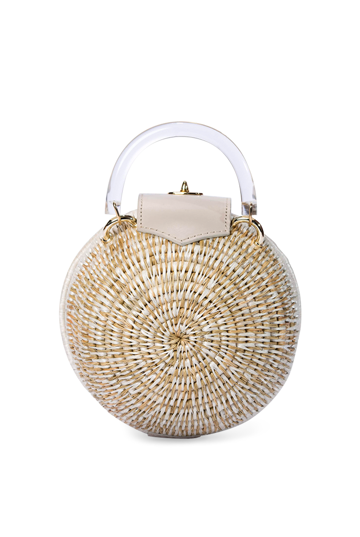 Woven Grass & Leather Round Ball Bag in Chalk