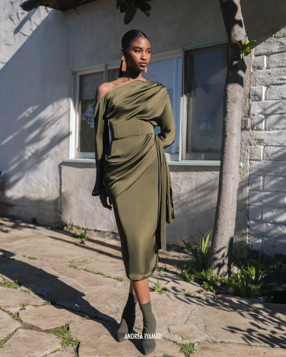 Ido Drape Midi Skirt | Olive