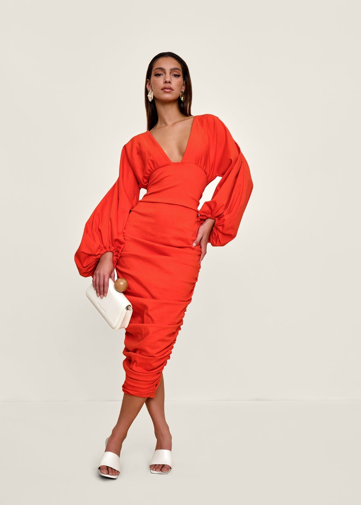 Anida Statement Sleeve Dress | Red Coral