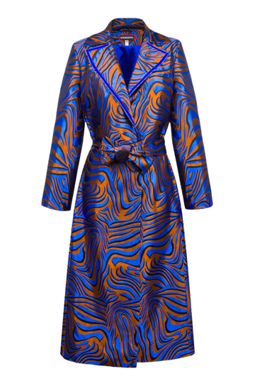 Bold Blue Patterned Coat with Belted Waist