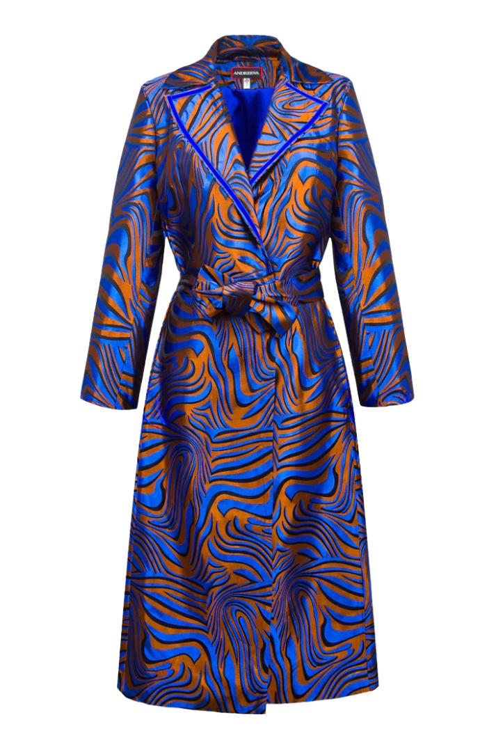 Bold Blue Patterned Coat with Belted Waist