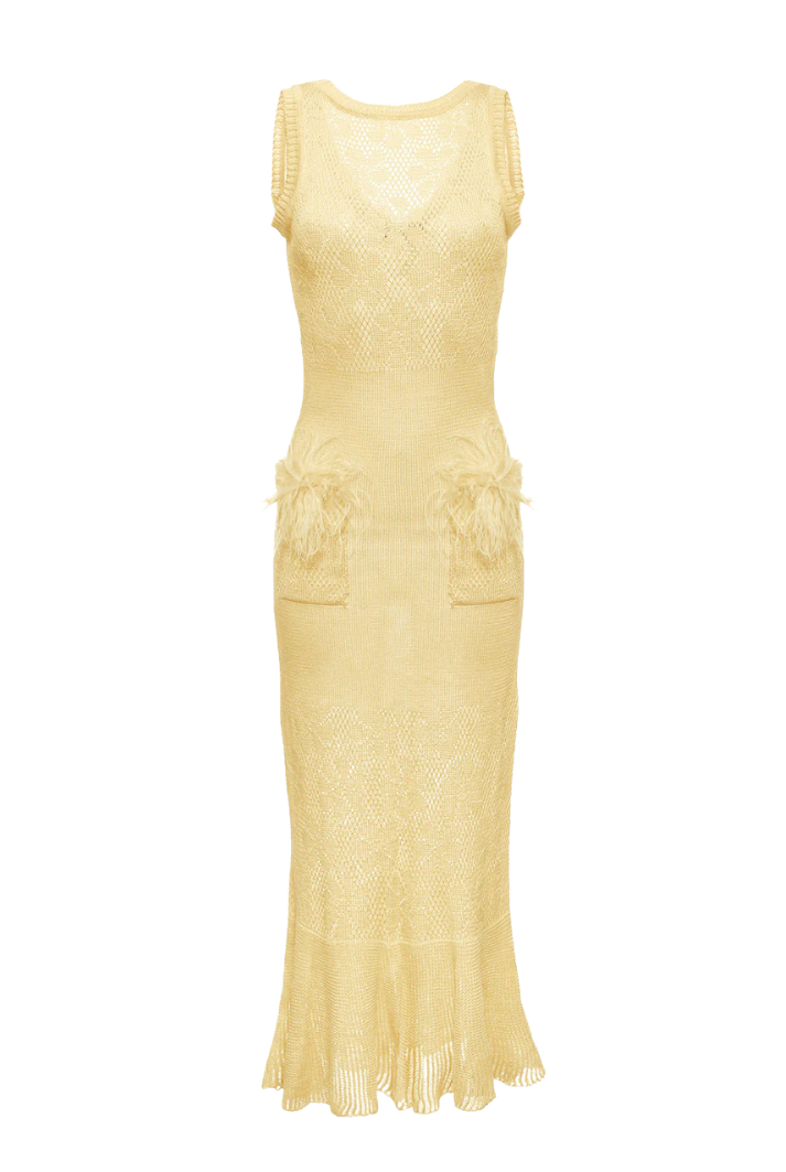 Butter Yellow Knit Midi Dress with Feathers