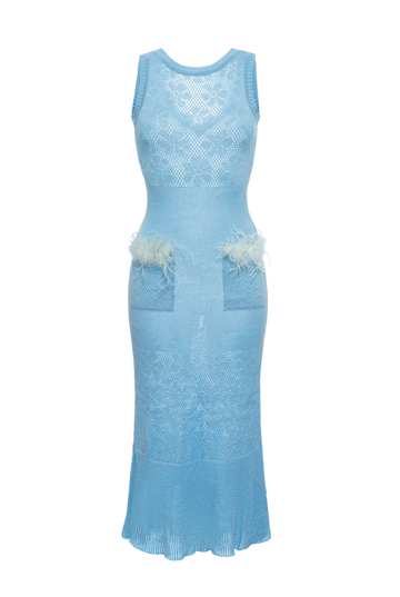 Blue Knit Midi Dress with Feathers