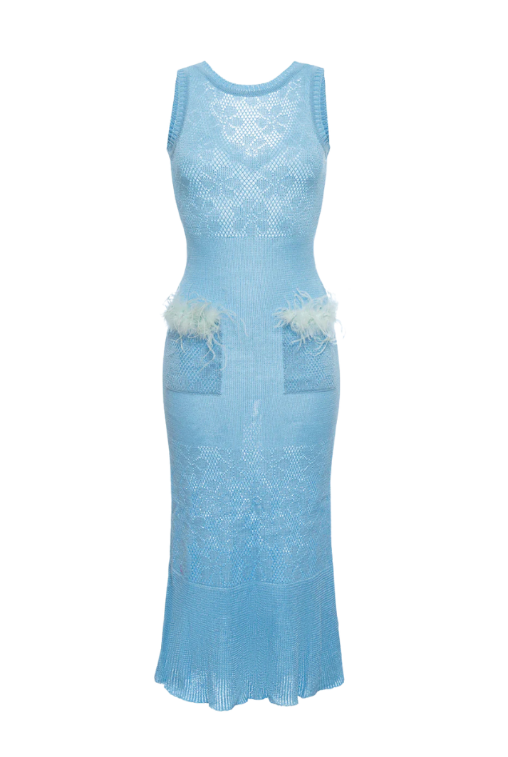 Blue Knit Midi Dress with Feathers
