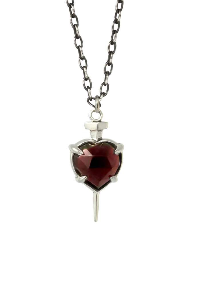 Nail Through Heart Necklace with Garnet | Sterling Silver