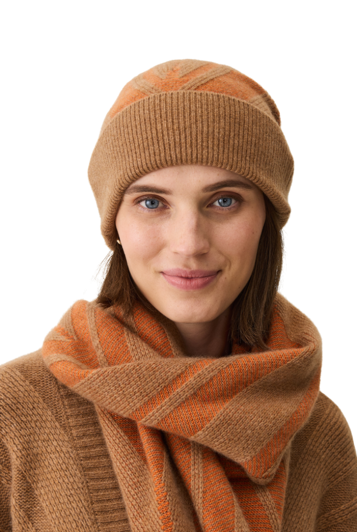 Chevron Cashmere Beanie in Harvest Brown and Orange