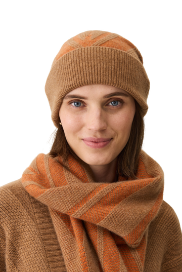 Chevron Cashmere Beanie in Harvest Brown and Orange