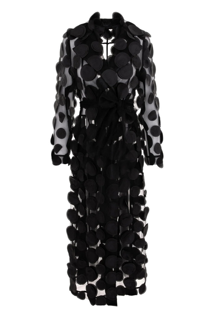 Black Tulle Trench Coat with 3D Embellishments