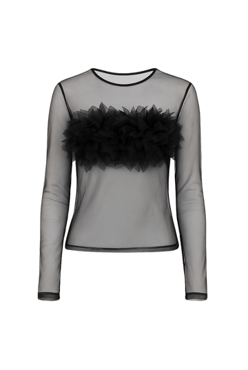 Black Sheer Tulle Top with 3D Floral Appliqués