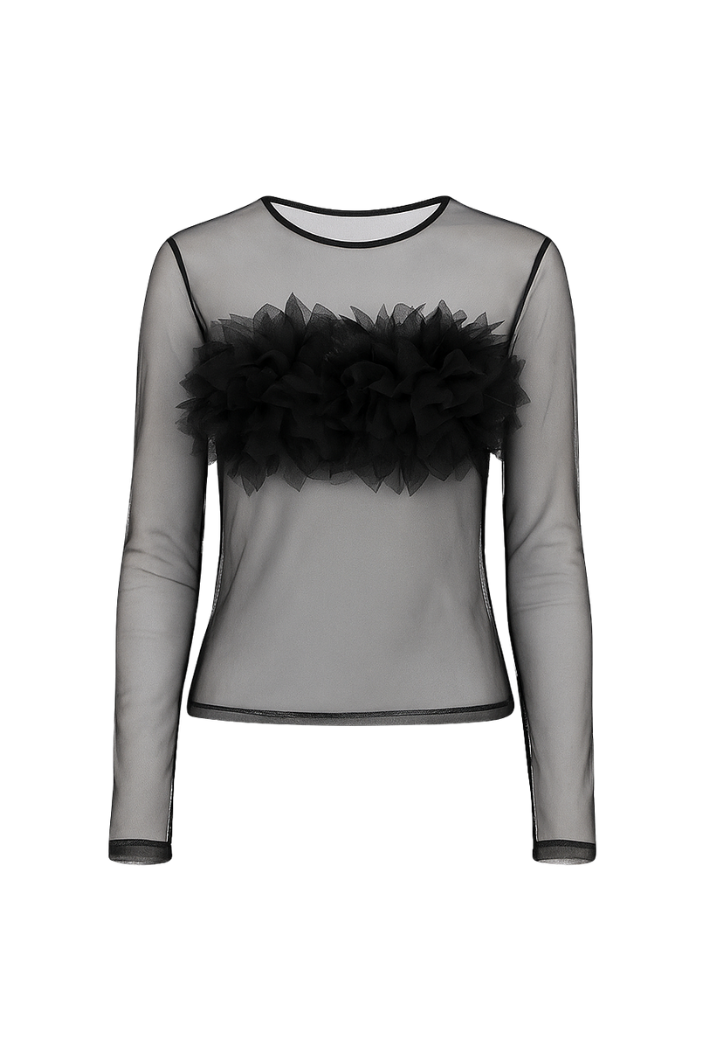 Black Sheer Tulle Top with 3D Floral Appliqués