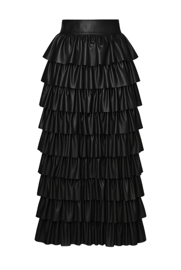 Eco Leather Ruffled Laser-Cut Midi Skirt | Black