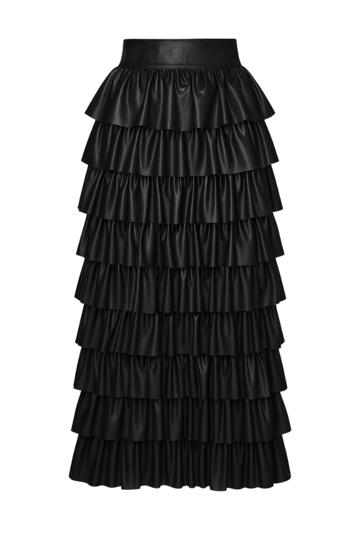 Eco Leather Ruffled Laser-Cut Midi Skirt | Black