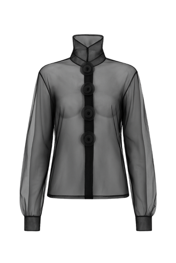 Black Fine Tulle Blouse with Organza Buttons