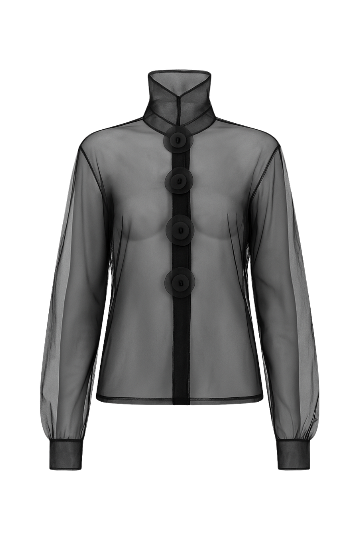 Black Fine Tulle Blouse with Organza Buttons