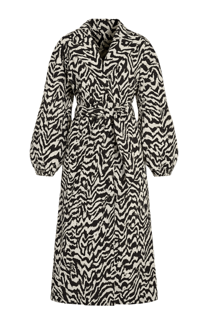 Black and White Printed Trench Coat with Detachable Sleeves