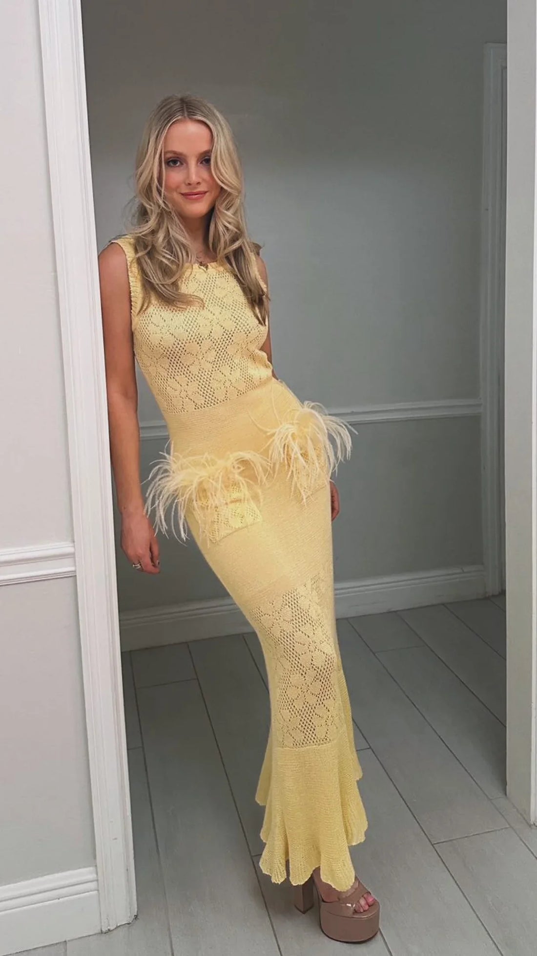 Butter Yellow Knit Midi Dress with Feathers