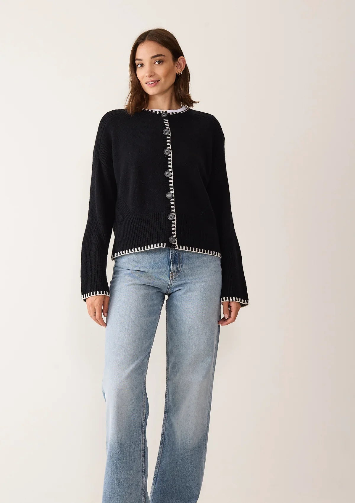 Cashmere Blanket Stitch Cardigan | Jet Black