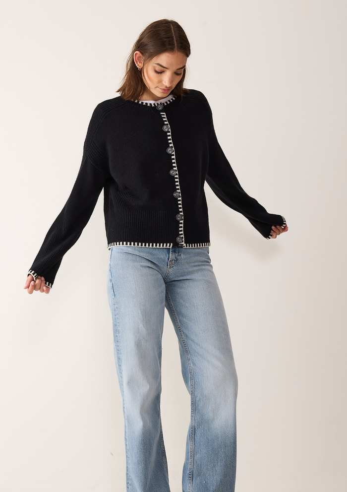 Cashmere Blanket Stitch Cardigan | Jet Black