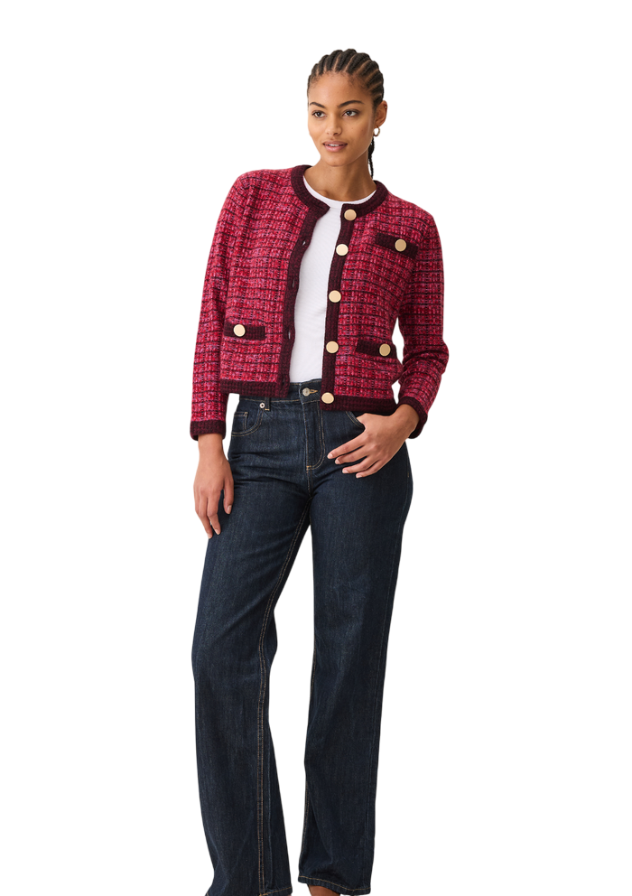 Textured Cashmere Crew Jacket | Pink Check