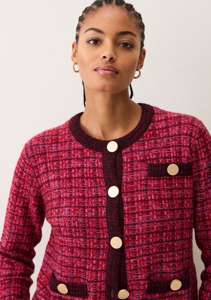 Textured Cashmere Crew Jacket | Pink Check