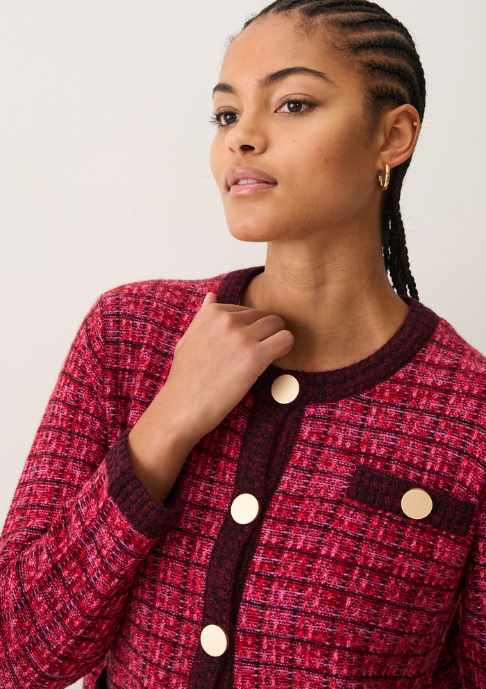 Textured Cashmere Crew Jacket | Pink Check