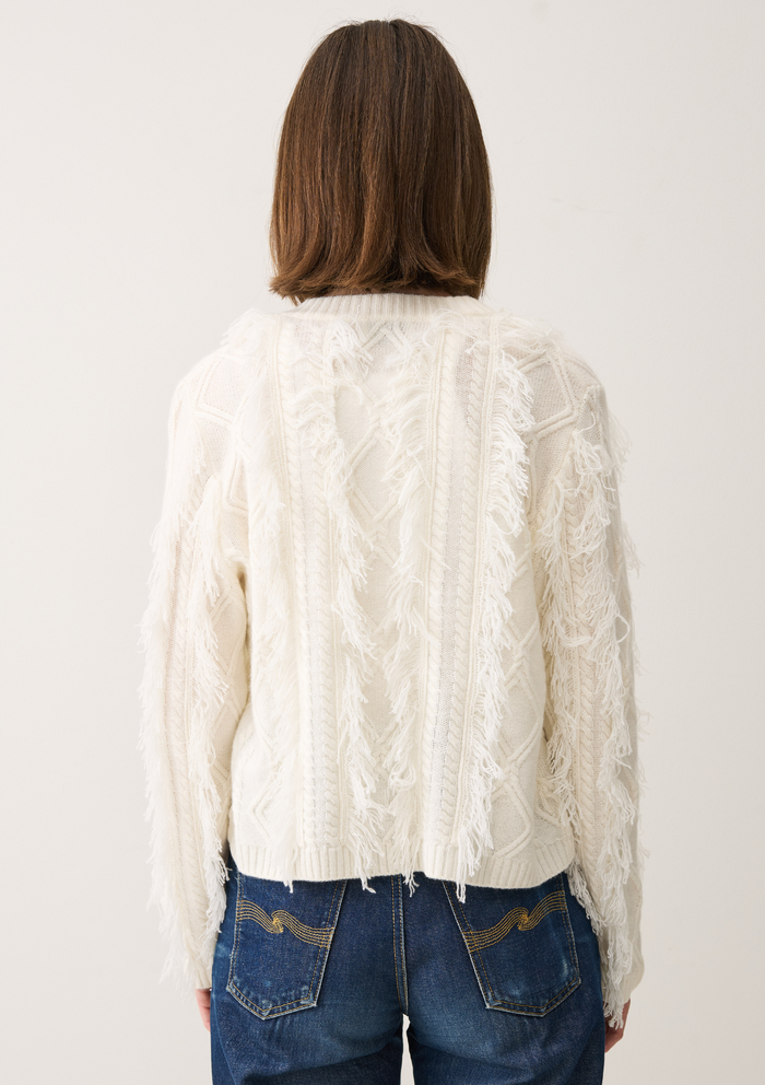 White Fringe Cable Cashmere Jacket