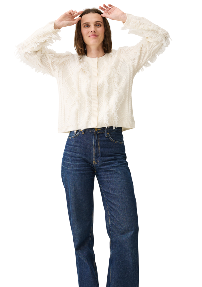 White Fringe Cable Cashmere Jacket
