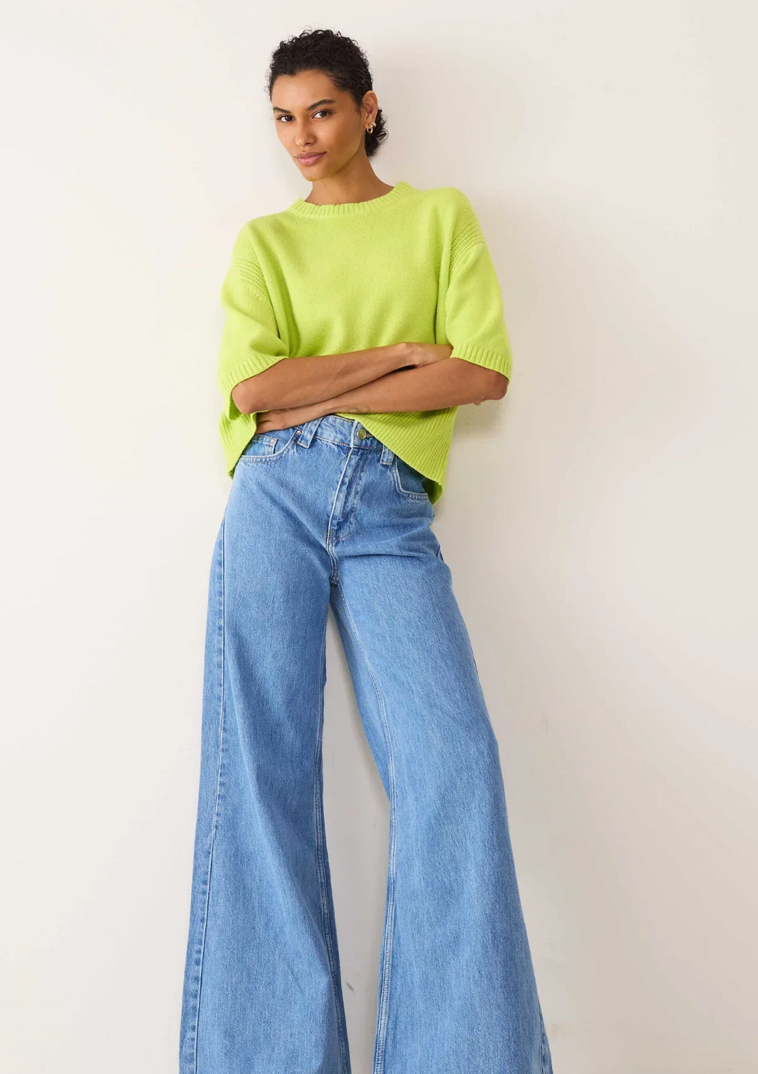 Cropped Cashmere Short-Sleeved Sweater | Citrus Green