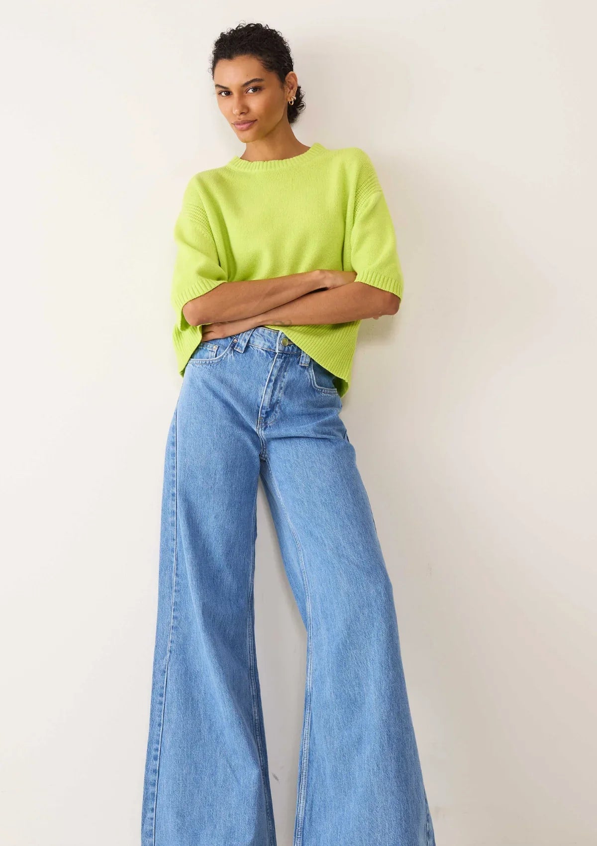 Cropped Cashmere Short-Sleeved Sweater | Citrus Green