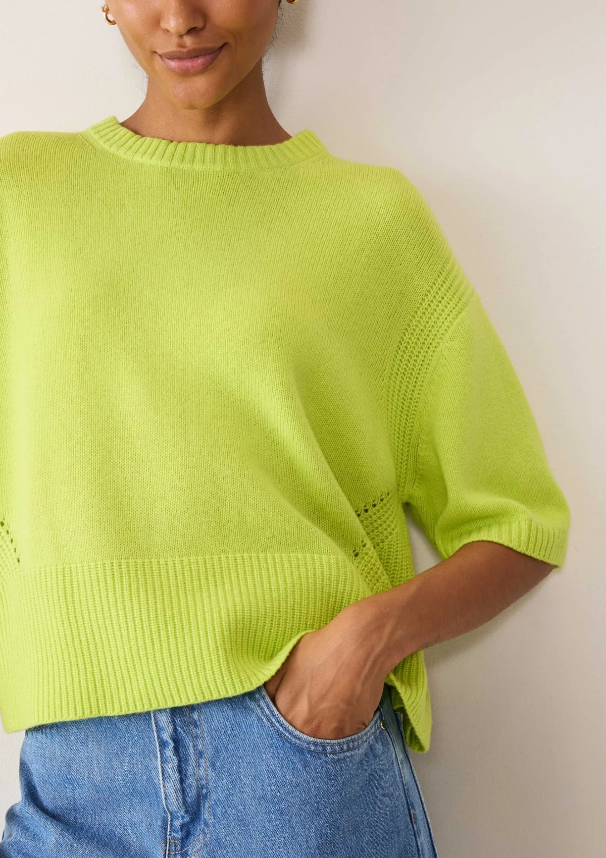 Cropped Cashmere Short-Sleeved Sweater | Citrus Green