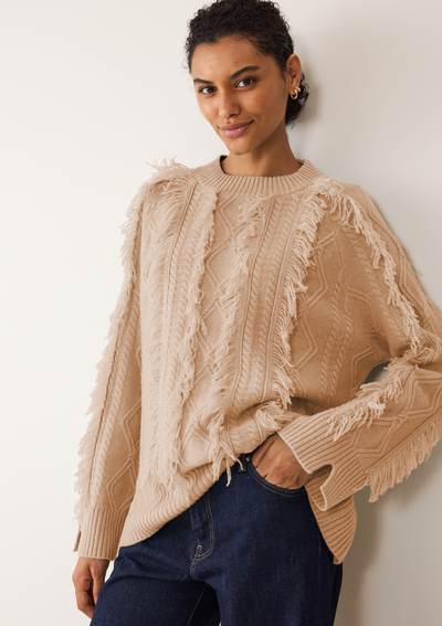 Fringed Cabled Sweater | Toffee